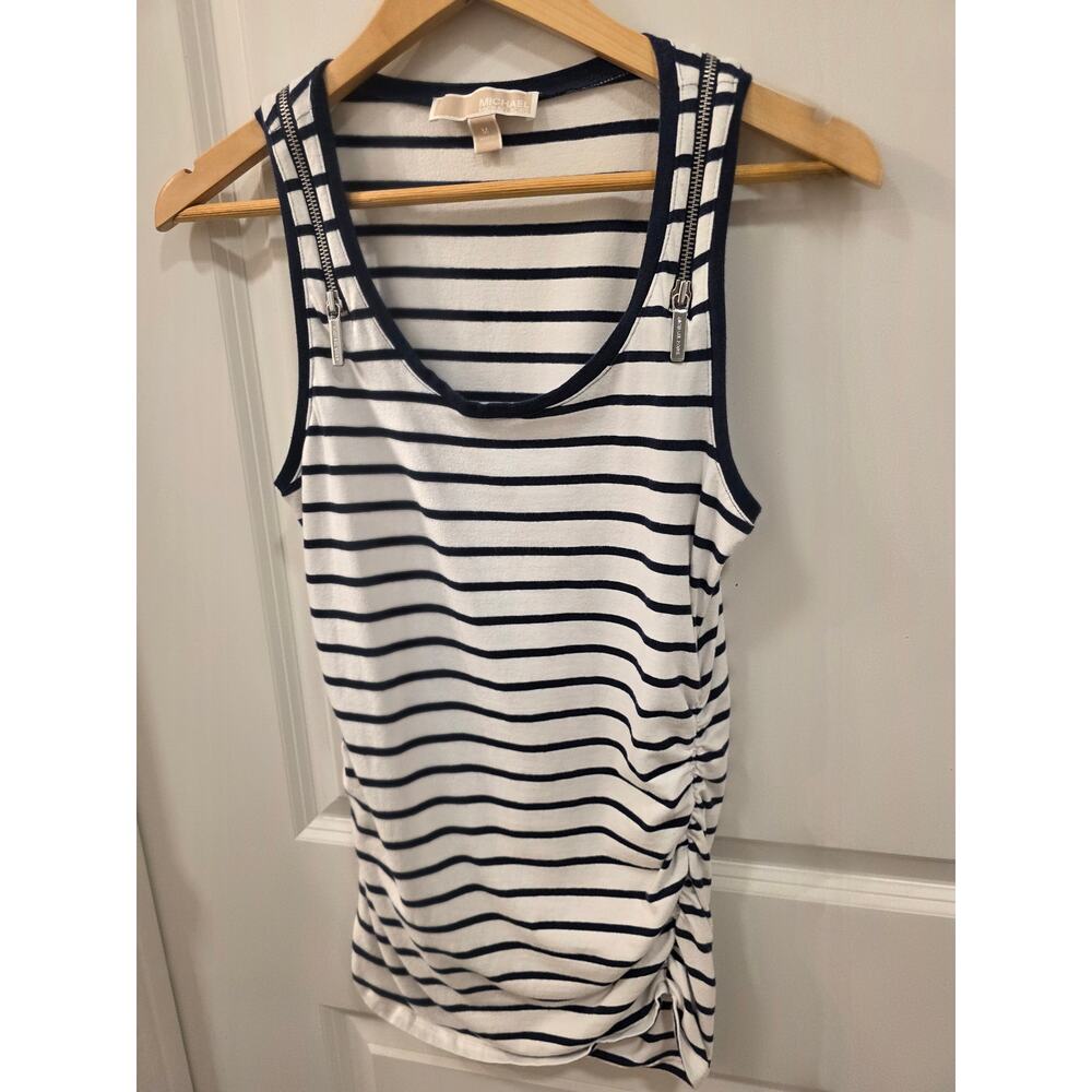 Michael Kors White and Blue Striped Shirt with Zipper Detail